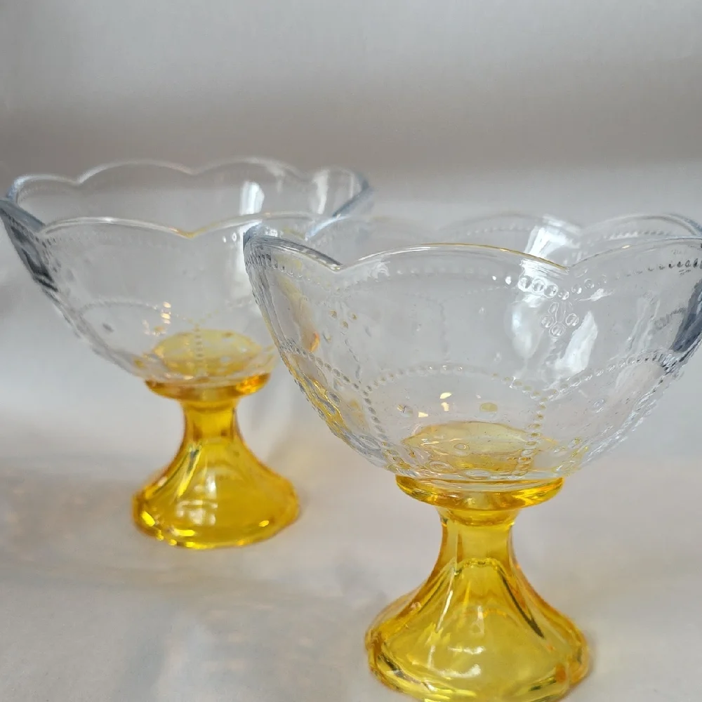 Glass Dessert Bowls/Compotes with Yellow Bases Set of 2